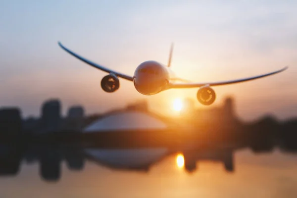 Vliegtuig Vlucht Bij Zonsondergang Lucht Achtergrond — Stockfoto
