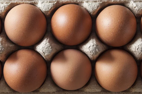 Brown eggs are in a carton packaging. View from above. Close-up.