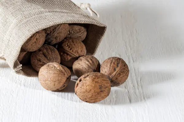 Noix Sac Sur Fond Blanc Bois Aliments Sains Soins Santé — Photo