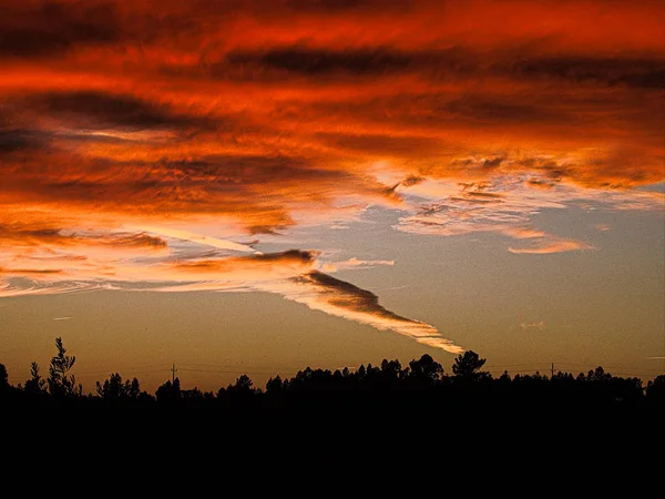 Oranžové Modré Zataženo Západ Slunce Siluetu Krajiny Pod — Stock fotografie
