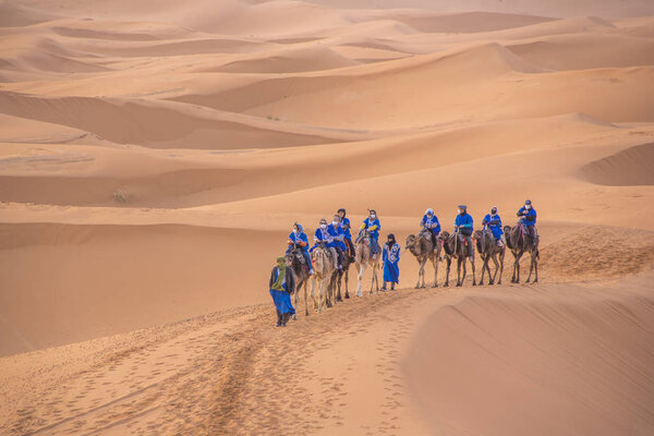 Караван верблюдов с туристами собирается в пустыне Сахара, недалеко от Мерзуга, Марокко
