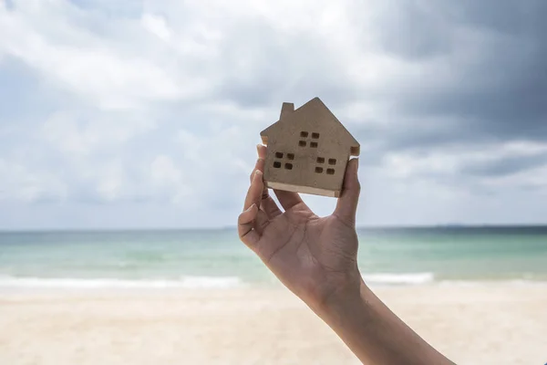 Cropped Shot Woman Holding Wooden Model House — Stock Photo, Image