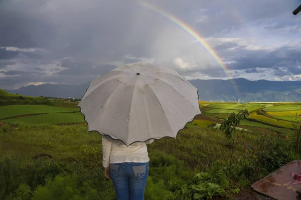 Yağmurda şemsiye tutan kadın, Çin'in Yunnan tepelerinde pirinç teraslarında gökkuşağı var..