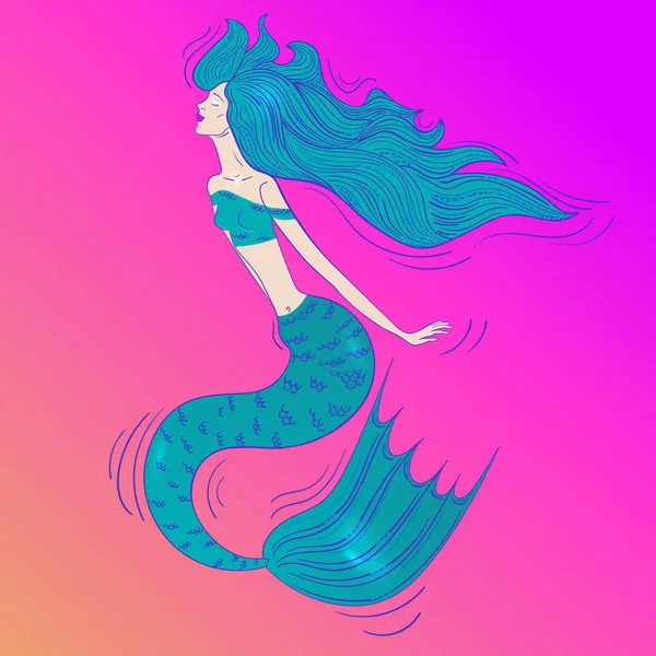 ピンクの髪と海の下の美しい人魚. — ストックベクタ