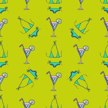 Parlak yeşil arka planda mayo ve kokteyl ile Dikişsiz desen. 