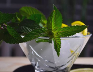 Yaprakları ve bir bardak taze yeşil yabani nane dalları.