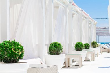 Beyaz perdeli parlak bungalovlar. Kırpılmış çalıları olan saksılar. Plaj kulübü. Karantinadan sonra yaz tatili 2020.