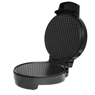 Beyaz arka planda siyah açık waffle ızgarası. Mutfak için ev aletleri. elektrikli aletler.