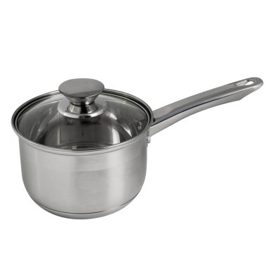 Mutfak aletleri. Beyaz arka planda paslanmaz çelik güveç. Yemek aletleri. yan görünüm