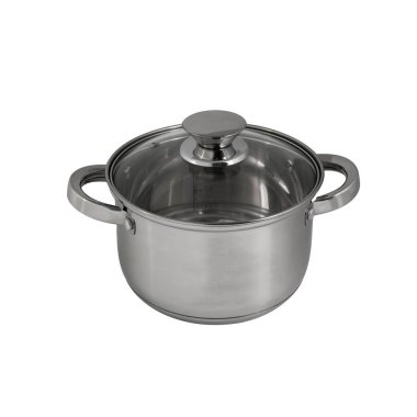 Mutfak aletleri. Beyaz arka planda cam kapaklı paslanmaz çelik tava. Yemek aletleri. yan görünüm