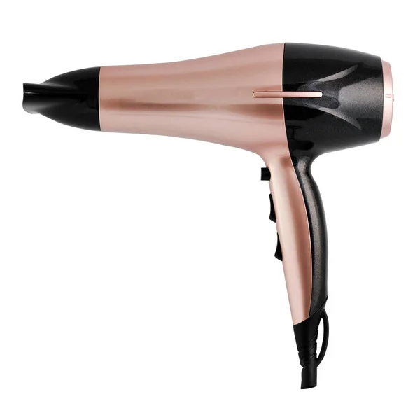 粉红头发的黑色吹风机插在白色背景上 美容院专业吹风机 — 图库照片