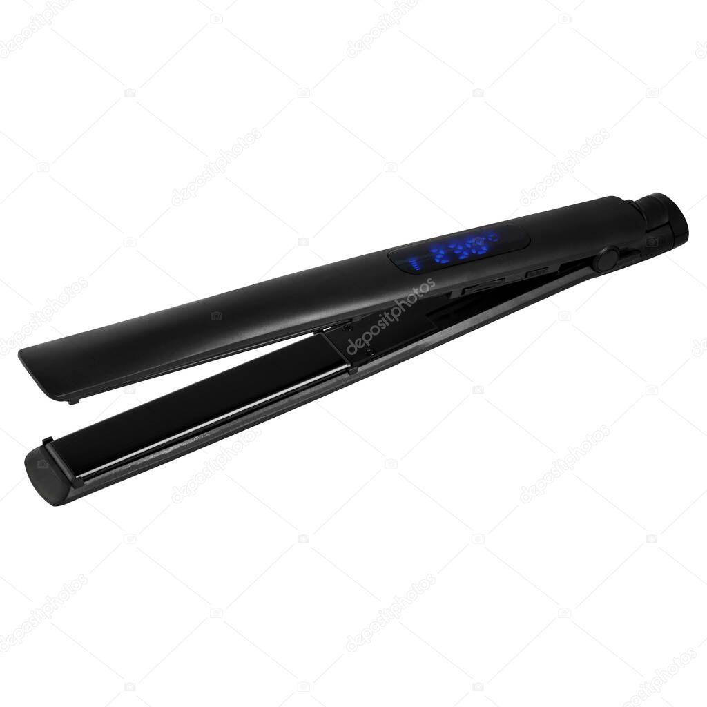 black hair straightener. side view. Ceramic curling iron. professional appliance for beauty salons