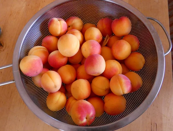 Delicious Ripe Apricots Metal Colander Sieve — Stock Photo, Image