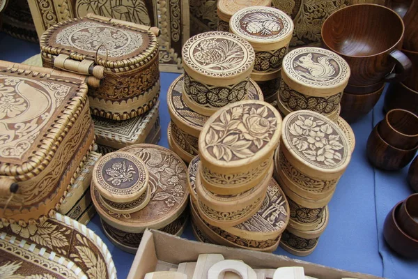 Ulan-Ude, Buryatia, Russia 04.22.2019. Exhibition and sale of Russian and Buryat folk Souvenirs Crafts Fair — Stock Photo, Image