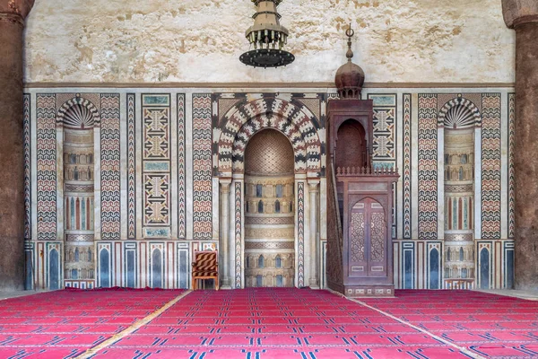 Mur Marbre Décoré Coloré Avec Mihrab Gravé Niche Minbar Bois — Photo