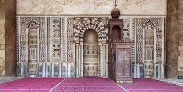 Mur Marbre Décoré Coloré Avec Mihrab Gravé Niche Minbar Bois — Photo