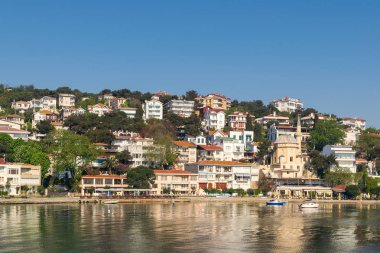 Yaz evleri ve küçük bir cami, Marmara Denizi, Istanbul, Türkiye yakın denize sıfır adadan Burgazada görünümünü