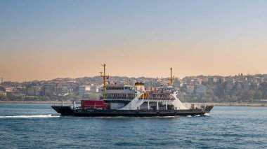 Arka planda İstanbul silueti ile Boğaz'dan geçen Gayrettepe adlı feribot