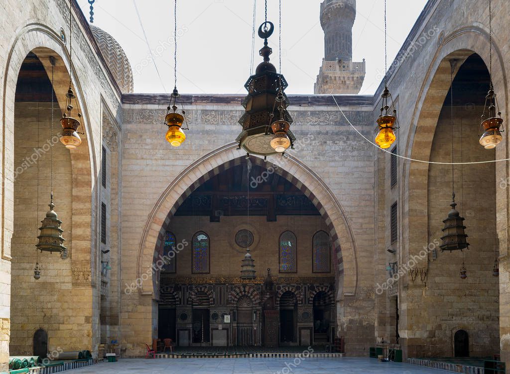 Main iwan - arch - at the courtyard of historic Mamluk era mosque of Al Ashraf Barsbay, Cairo, Egypt