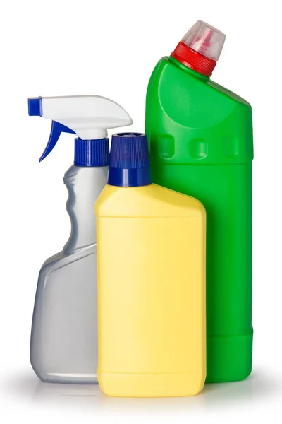 Plastflaskor För Rengöring Produkten Isolerad Vita Bak — Stockfoto
