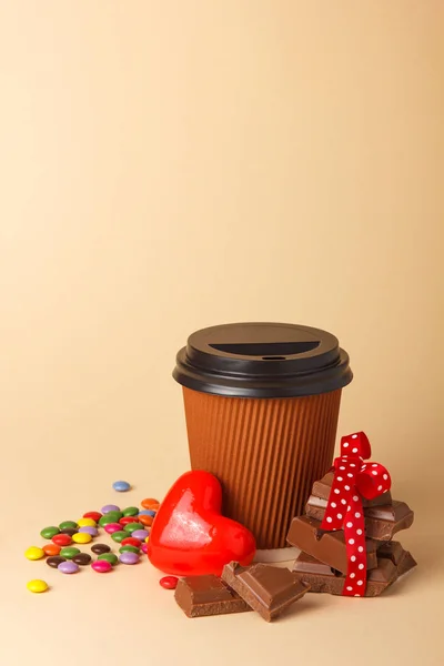 Cup Coffee Heart Chocolate Candy Background Valentine Day — Stock Photo, Image