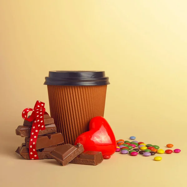 Cup Coffee Heart Chocolate Candy Background Valentine Day — Stock Photo, Image