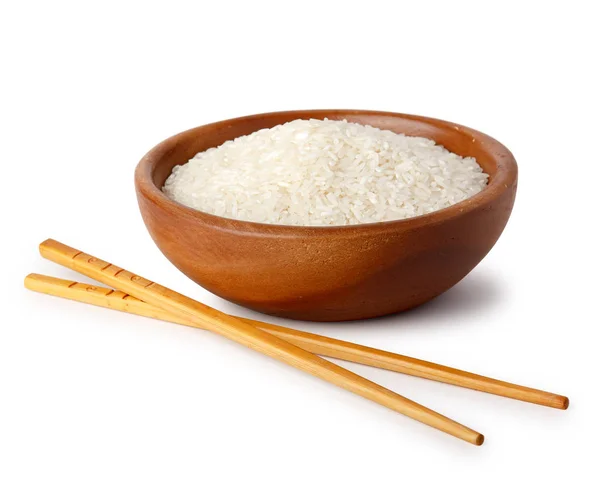 Drewniane Miski Białego Ryżu Jedzenie Pałeczkami Produkty Naturalne Zdrowe Jedzenie — Zdjęcie stockowe
