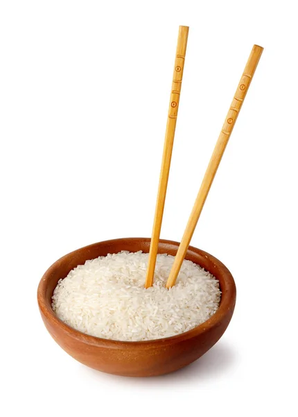 Dřevěná Miska Bílou Rýží Potravin Hůlky Přírodní Produkty Zdravé Potraviny — Stock fotografie