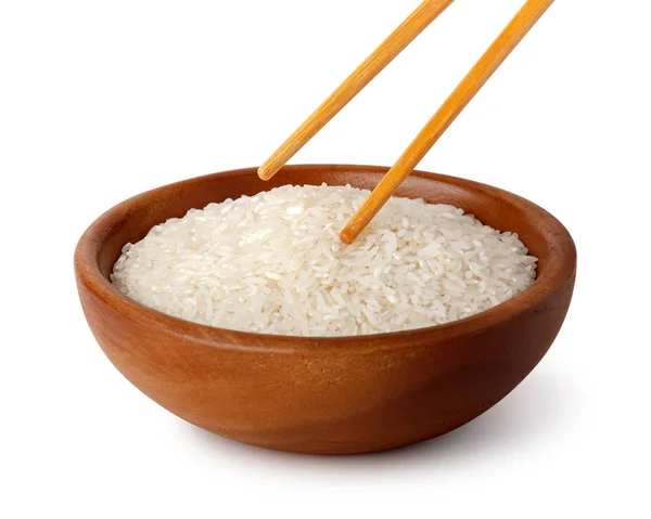 Dřevěná Miska Bílou Rýží Potravin Hůlky Přírodní Produkty Zdravé Potraviny — Stock fotografie