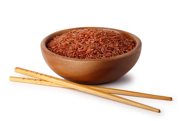 Dřevěná Miska Červenou Rýží Potravin Hůlky Přírodní Produkty Zdravé Potraviny — Stock fotografie