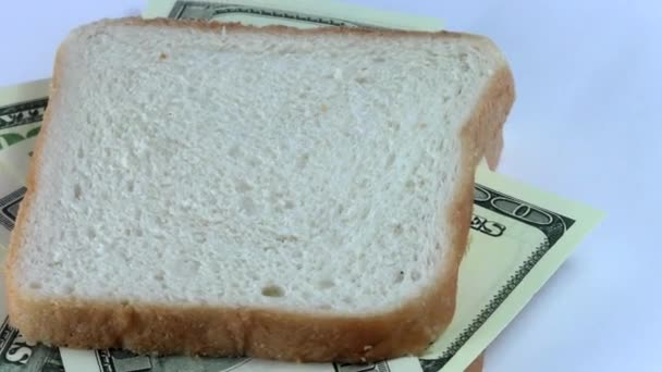 Sandwich Aus Brot Und Dollar Auf Weißem Hintergrund Großaufnahme — Stockvideo