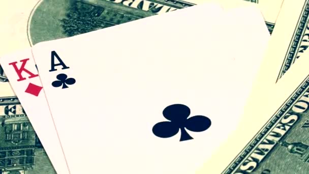 Вращающийся Фон Денег Долларов Сша Комбинация Двух Двойных Карт Покере — стоковое видео