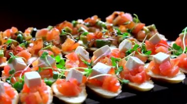 Peynir eti ve deniz ürünleri yakın çekim ile Mini canape.