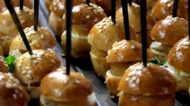 Peynir eti ve deniz ürünleri yakın çekim ile Mini canape.
