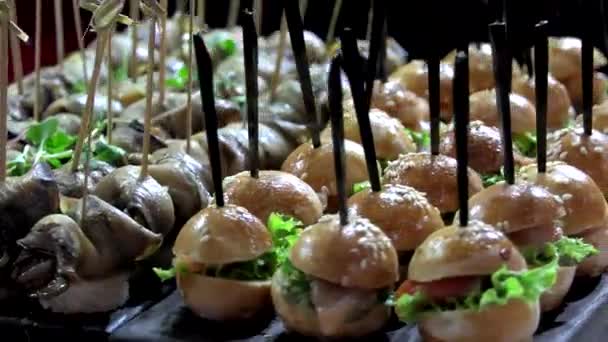 Mini Canape Connection Med Ost Kött Och Skaldjur Närbild Shot — Stockvideo