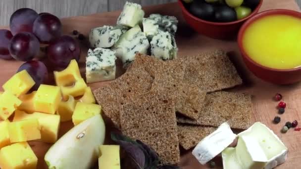 Cheese Plate Close Several Varieties Fruit Honey Cheese — Stock Video