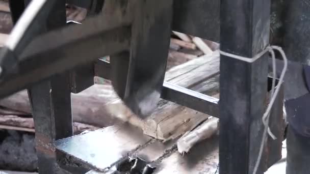 作業の過程で薪を切り刻む機械は クローズアップ撮影されます — ストック動画