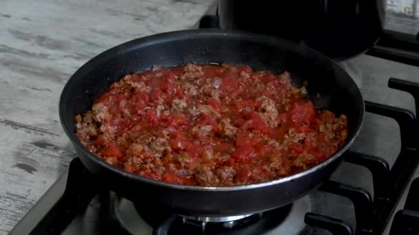 Spaghetti Met Bolognese Saus Samenstelling Van Vlees Fach Tomaten Olijfolie — Stockvideo