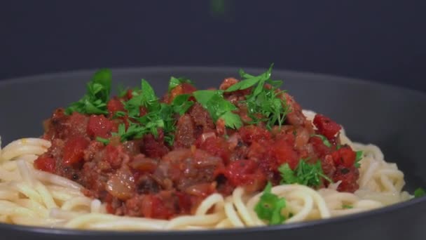 Spaghetti Bolognese Sauce Composition Meat Fach Tomatoes Olive Oil Herbs — Stock Video