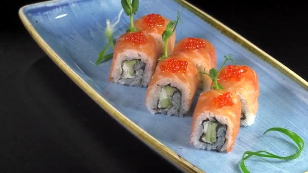 Japanese Traditional Rolls Seafood Fish Vegetables Black Background — Stock Video