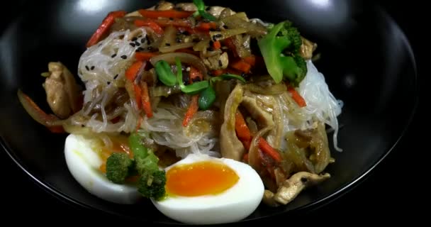 Asian Noodles Vegetables Meat Black Background — Stock Video