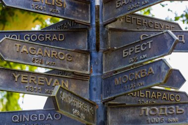 Plakalar ülkelerin ve şehirlerin yönlerini ve uzaklıklarını gösterir.