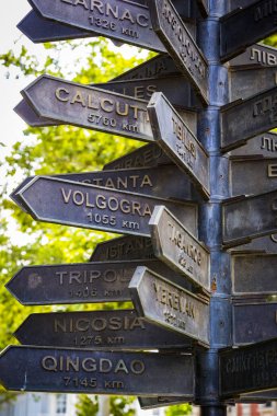 Plakalar ülkelerin ve şehirlerin yönlerini ve uzaklıklarını gösterir.