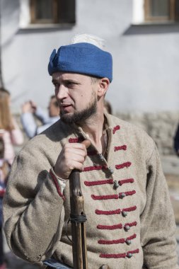 Kamyanets-Podilsky, Ukrayna - 21 Eylül , 2019: Kamyanets-Podilsky şatosunda on yedinci yüzyılın Ukrayna ve Polonya lı birliklerintarihsel askeri yeniden inşası.