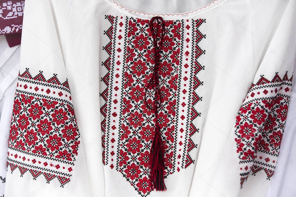 Traditional Ukrainian clothing embroidered with colored womens in men's shirts of embroidered shirt.