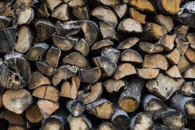 Arka planda odun yığını haline getirilmiş yakacak odun