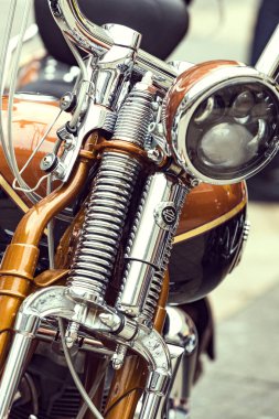 Kiev, Ukrayna - 5 Ekim 2019: Harley Davidson motosiklet teçhizatı yakın çekim.