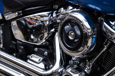 Kiev, Ukrayna - 5 Ekim 2019: Harley Davidson motosiklet teçhizatı yakın çekim.