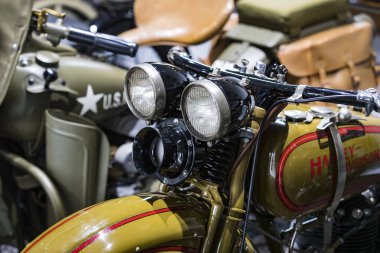 Kiev, Ukrayna - 5 Ekim 2019: Harley Davidson motosiklet teçhizatı yakın çekim.