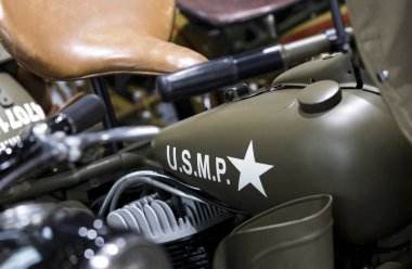 Kiev, Ukrayna - 5 Ekim 2019: Harley Davidson motosiklet teçhizatı yakın çekim.